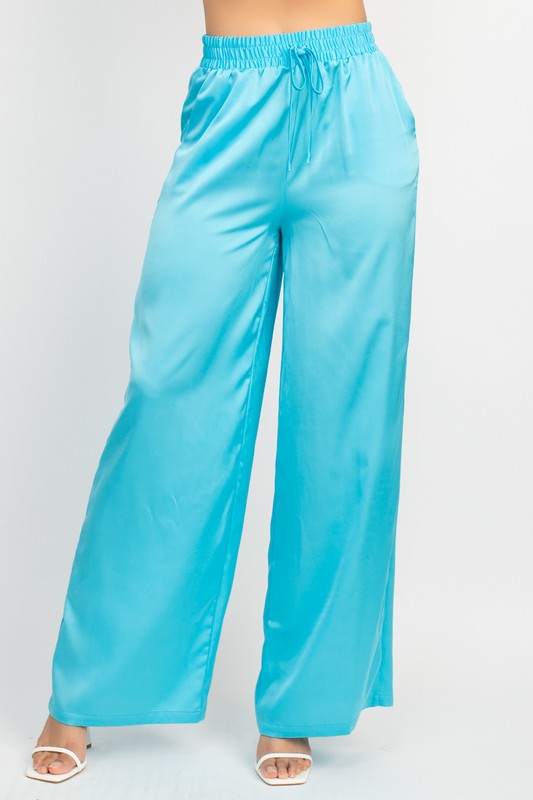 SATIN WIDE LEG SMOCKED PANTS