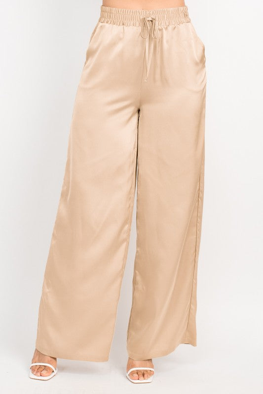 SATIN WIDE LEG SMOCKED PANTS