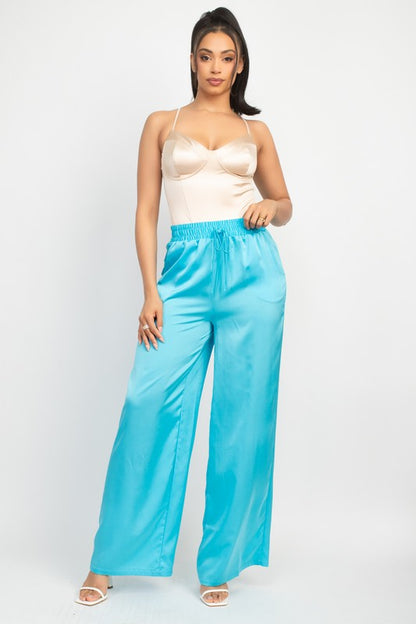 SATIN WIDE LEG SMOCKED PANTS