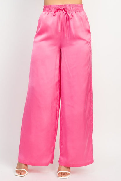 SATIN WIDE LEG SMOCKED PANTS