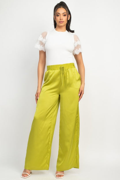 SATIN WIDE LEG SMOCKED PANTS