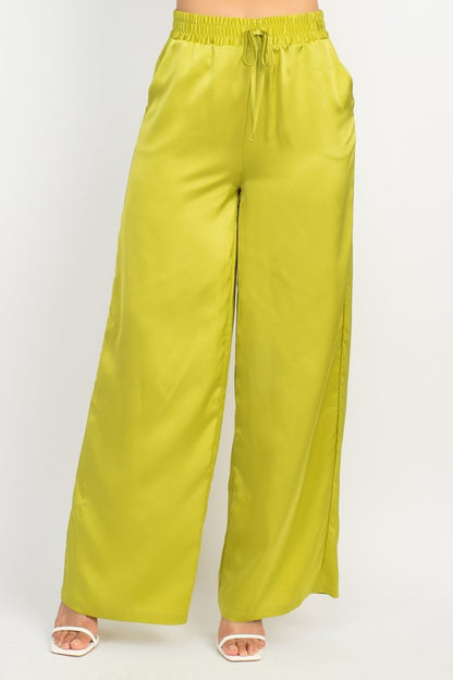 SATIN WIDE LEG SMOCKED PANTS