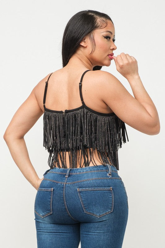 ALL OVER STUDS FRINGES TRIM DETAIL CROP TOP