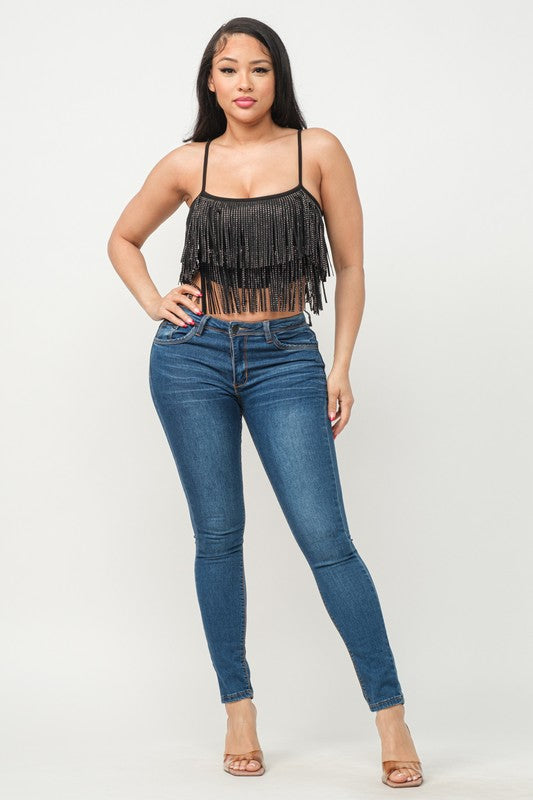 ALL OVER STUDS FRINGES TRIM DETAIL CROP TOP