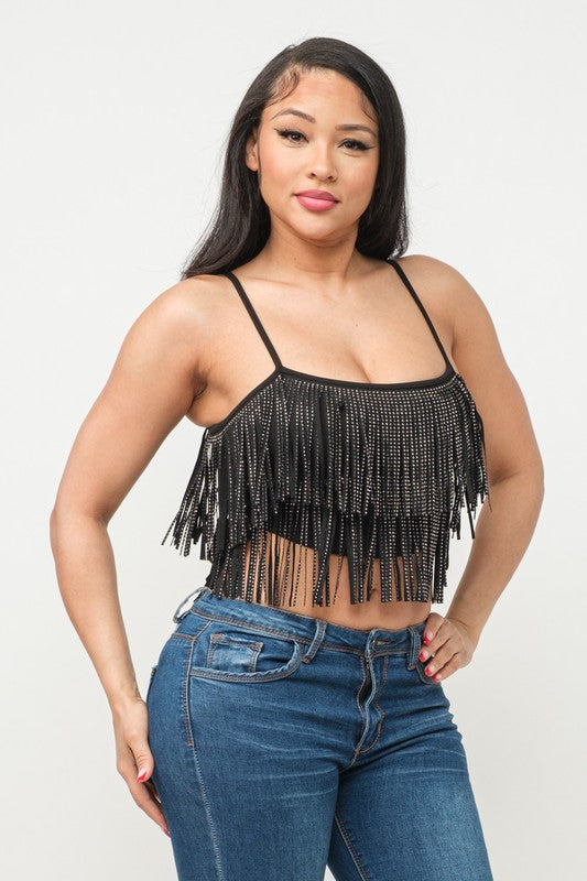 ALL OVER STUDS FRINGES TRIM DETAIL CROP TOP