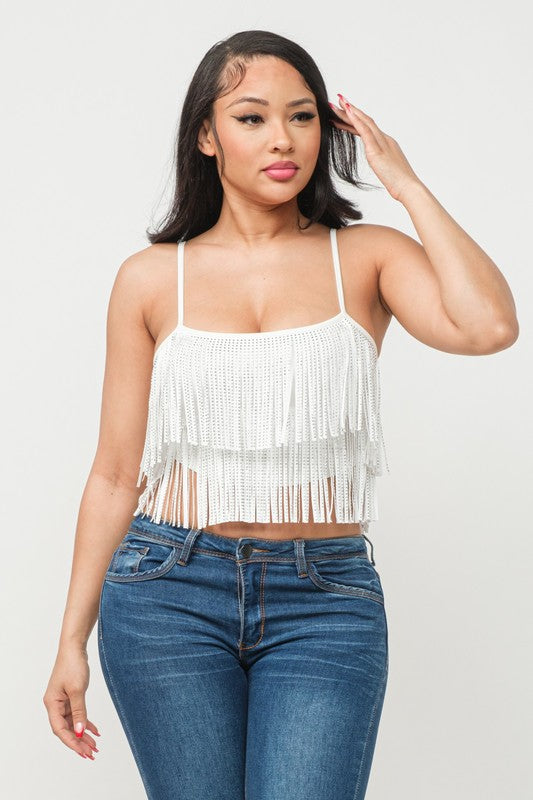 ALL OVER STUDS FRINGES TRIM DETAIL CROP TOP