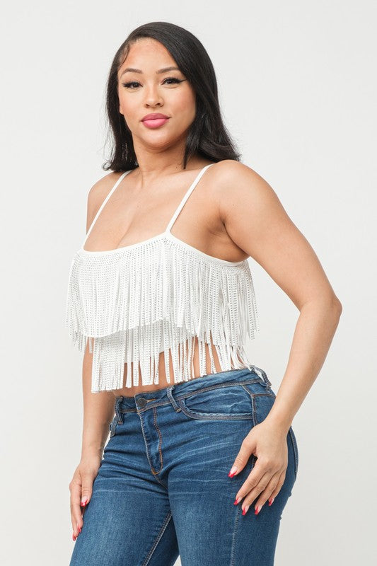 ALL OVER STUDS FRINGES TRIM DETAIL CROP TOP