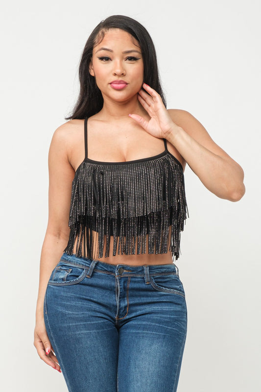 ALL OVER STUDS FRINGES TRIM DETAIL CROP TOP