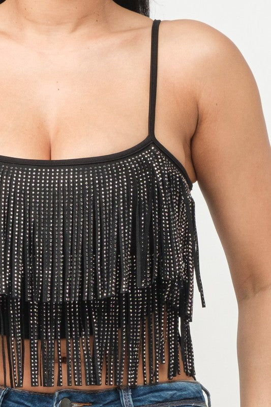 ALL OVER STUDS FRINGES TRIM DETAIL CROP TOP