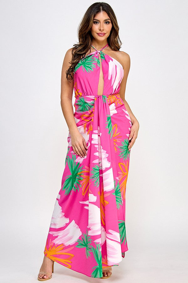 PRINTED HALTER NECK MAXI DRESS