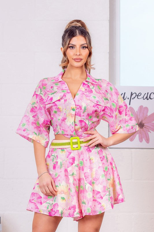 FLORAL BUFF SLEEVES TOP AND SHORT SET