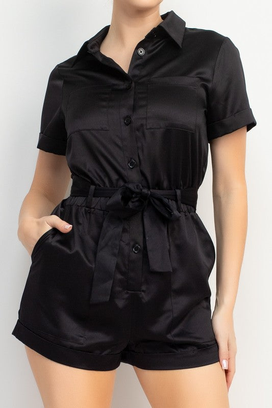 SATIN SELF-TIE BUTTON DOWN ROMPER