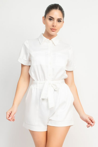 SATIN SELF-TIE BUTTON DOWN ROMPER