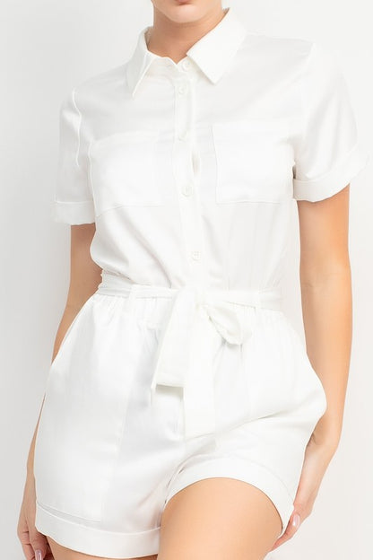 SATIN SELF-TIE BUTTON DOWN ROMPER