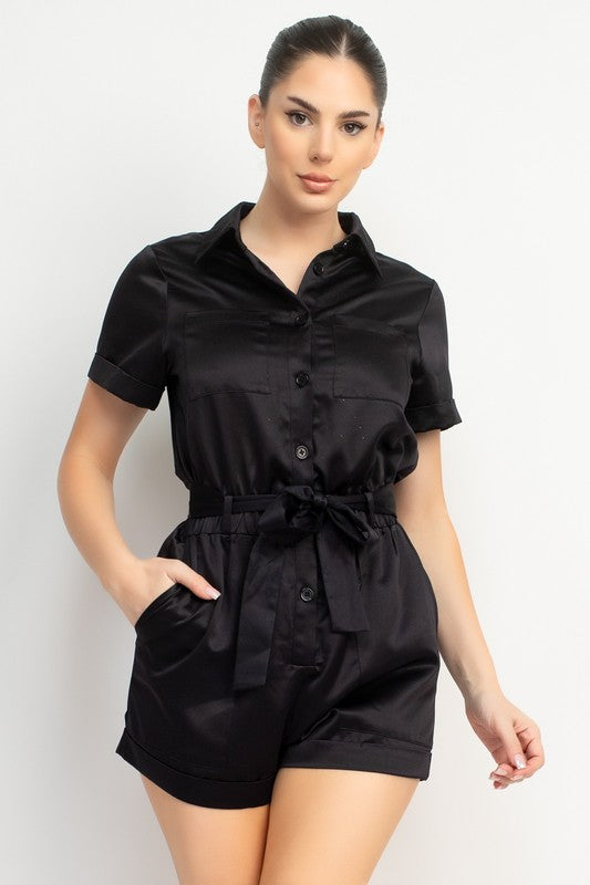 SATIN SELF-TIE BUTTON DOWN ROMPER