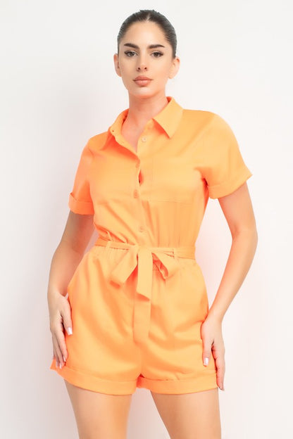 SATIN SELF-TIE BUTTON DOWN ROMPER