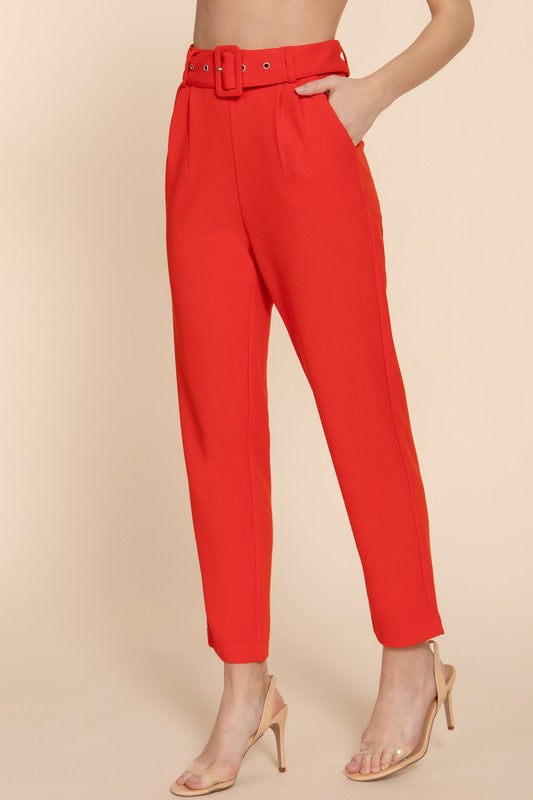 FRONT POCKET BELTED STRETCH PANTS