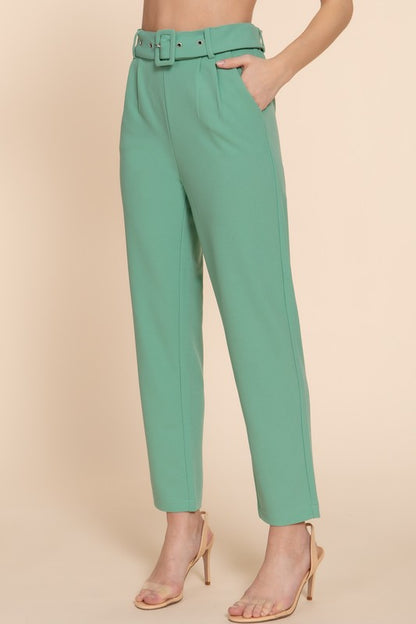 FRONT POCKET BELTED STRETCH PANTS