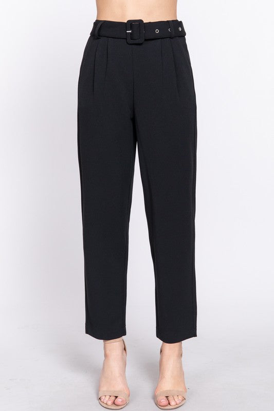 FRONT POCKET BELTED STRETCH PANTS