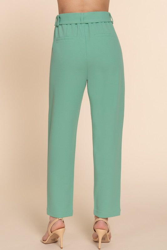 FRONT POCKET BELTED STRETCH PANTS