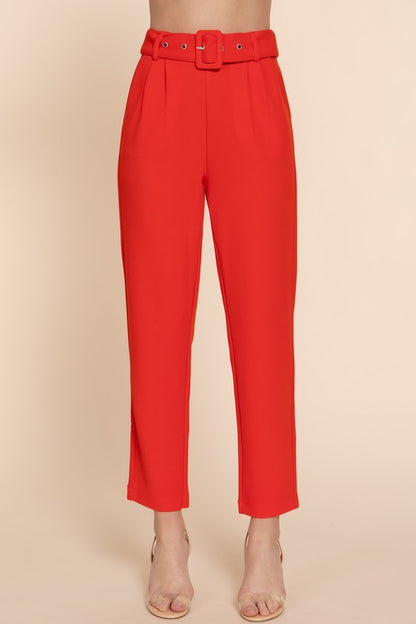 FRONT POCKET BELTED STRETCH PANTS