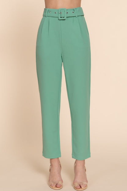 FRONT POCKET BELTED STRETCH PANTS