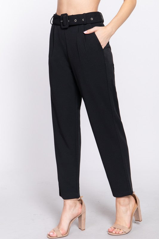 FRONT POCKET BELTED STRETCH PANTS