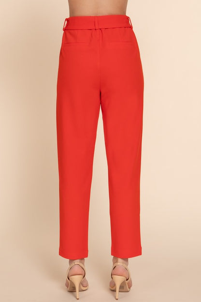 FRONT POCKET BELTED STRETCH PANTS