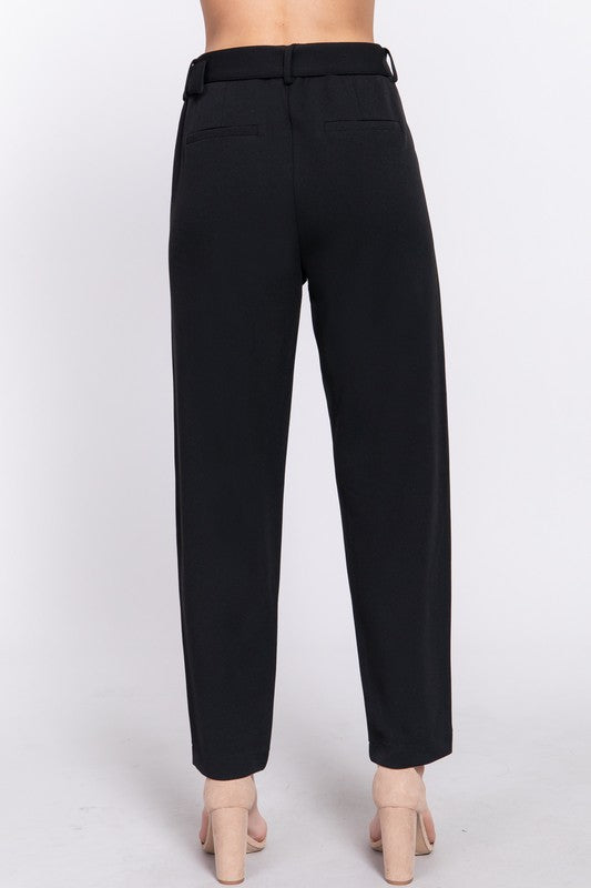 FRONT POCKET BELTED STRETCH PANTS