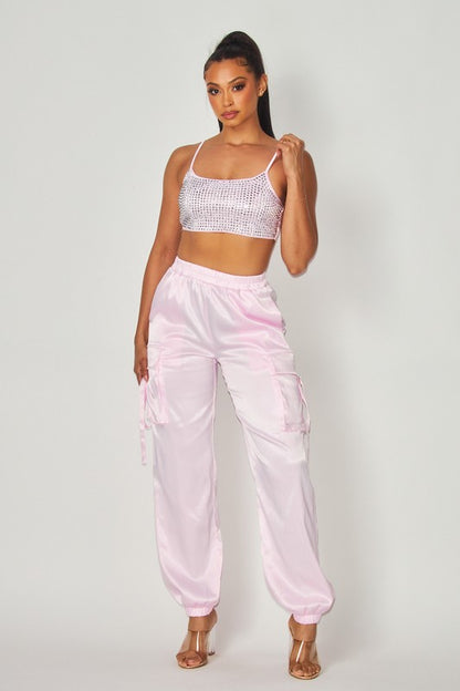 RHINESTONE CROP TOP WITH SATIN GARCO JOGGER SET