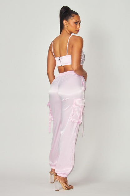 RHINESTONE CROP TOP WITH SATIN GARCO JOGGER SET