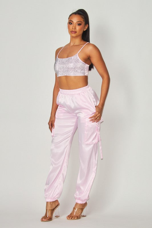 RHINESTONE CROP TOP WITH SATIN GARCO JOGGER SET