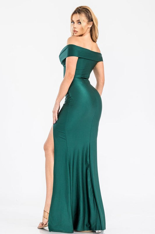 OFF SHOULDER CROSS SHOULDER STRAP MAXI DRESS