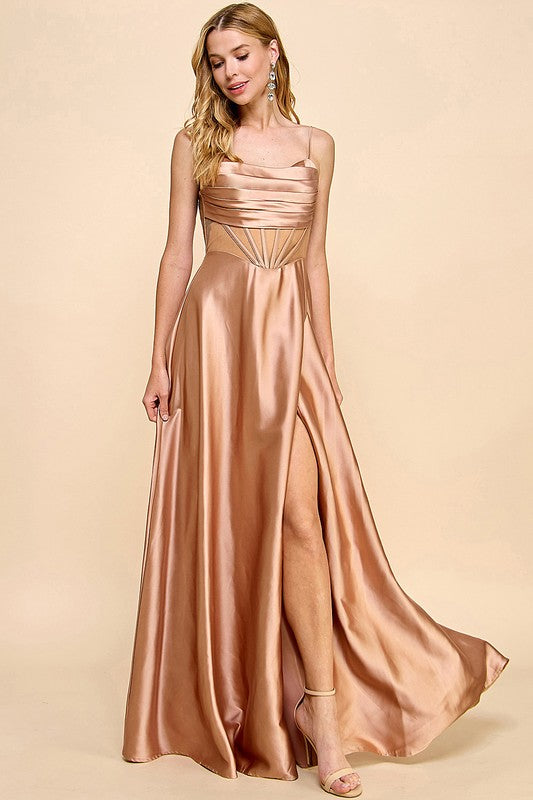 SLEEVELESS CORSET SLIT SIDE SATIN MAXI DRESS