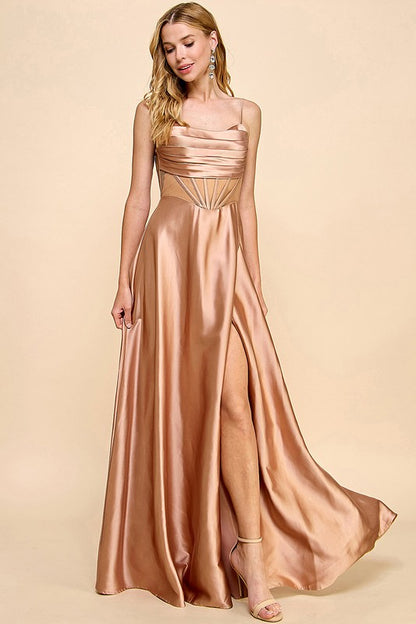 SLEEVELESS CORSET SLIT SIDE SATIN MAXI DRESS