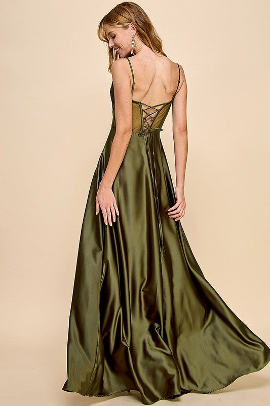 SLEEVELESS CORSET SLIT SIDE SATIN MAXI DRESS