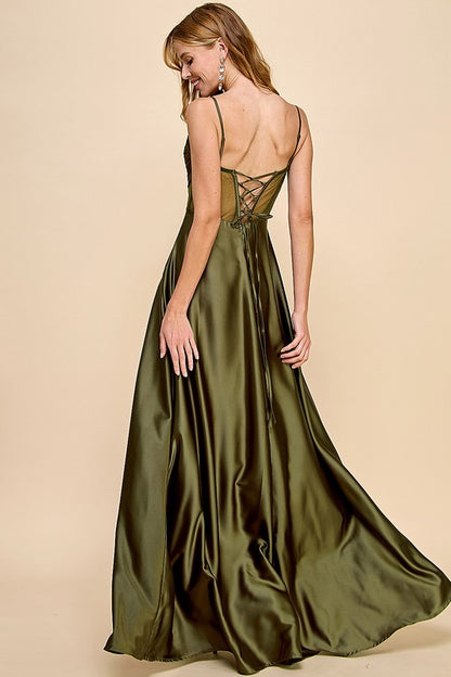 SLEEVELESS CORSET SLIT SIDE SATIN MAXI DRESS