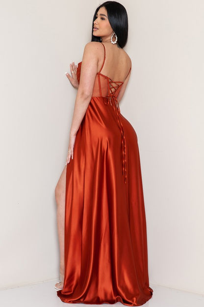 SLEEVELESS CORSET SLIT SIDE SATIN MAXI DRESS