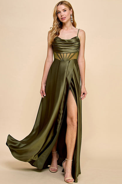 SLEEVELESS CORSET SLIT SIDE SATIN MAXI DRESS