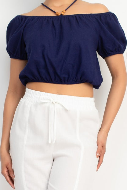 WOODBEAD TRIM OFF SHOULDER TOP