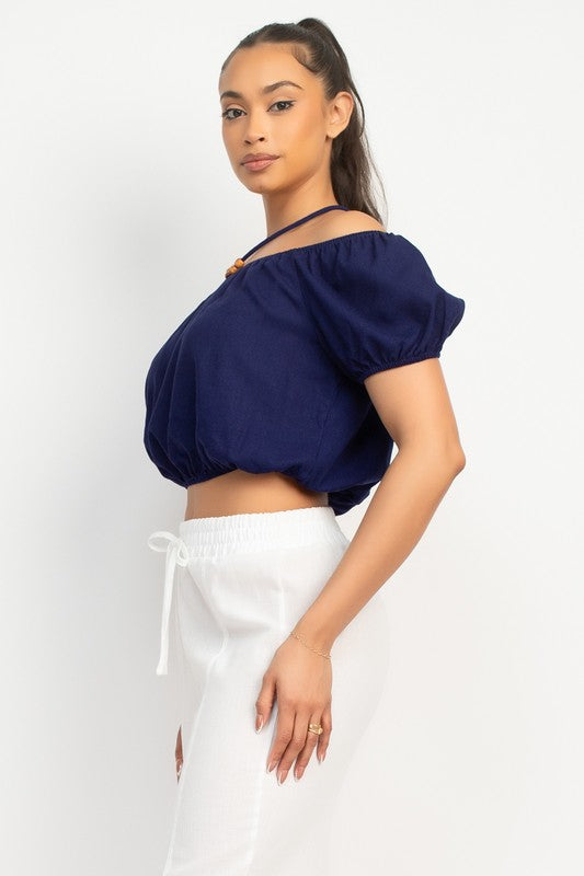 WOODBEAD TRIM OFF SHOULDER TOP