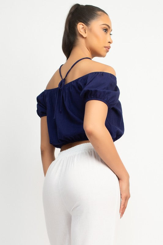 WOODBEAD TRIM OFF SHOULDER TOP