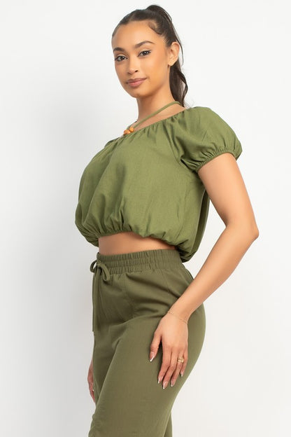 WOODBEAD TRIM OFF SHOULDER TOP