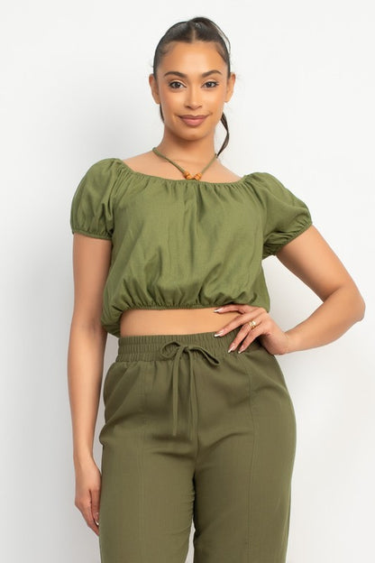 WOODBEAD TRIM OFF SHOULDER TOP