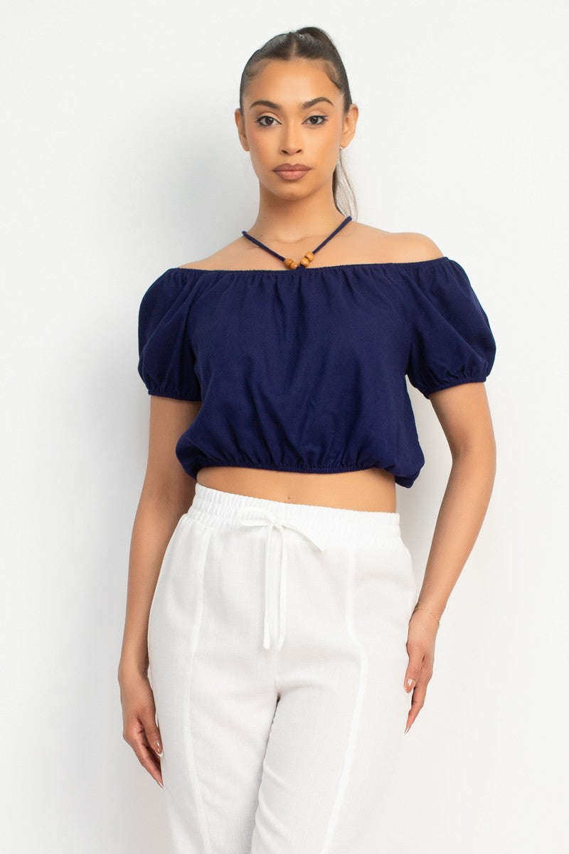 WOODBEAD TRIM OFF SHOULDER TOP