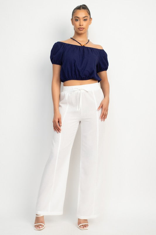 WOODBEAD TRIM OFF SHOULDER TOP