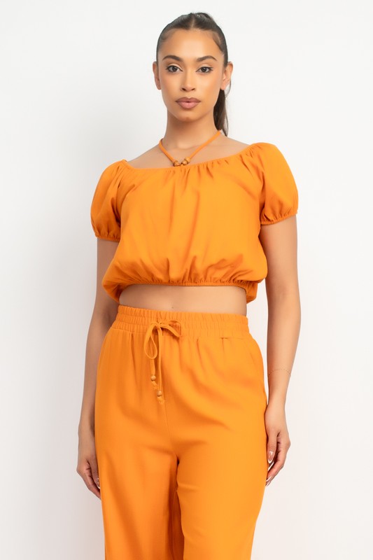 WOODBEAD TRIM OFF SHOULDER TOP