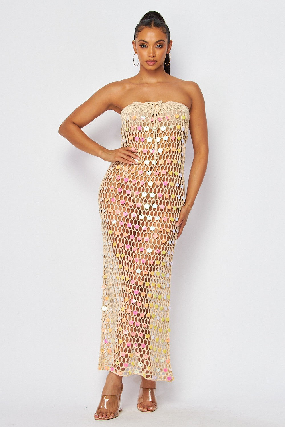 CROCHET TUBE STRAPLESS MAXI DRESS WITH SEQUINS