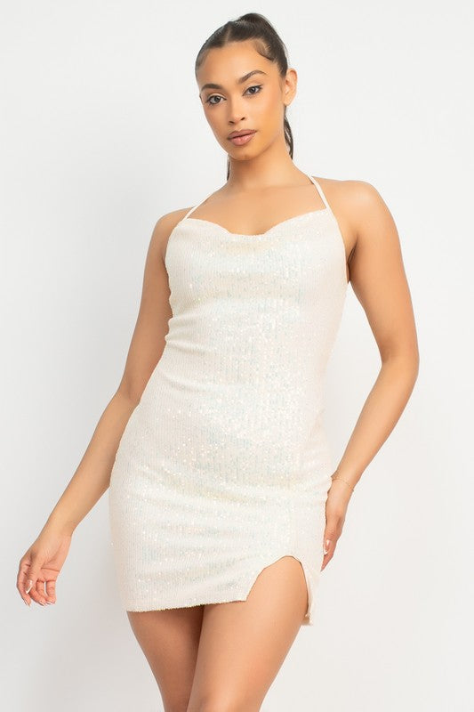 SEQUIN COWL NECK DRESS