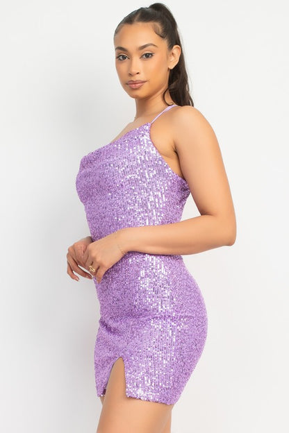 SEQUIN COWL NECK DRESS